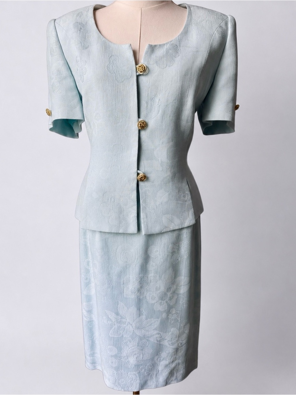 Vintage William Pearson Powder Blue Floral Jacquard 2 Pc Skirt Suit